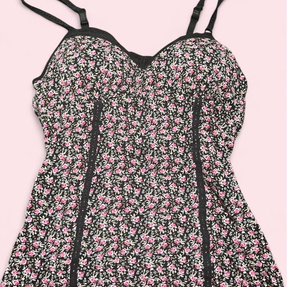 TY2K L.E.I. Black Pink Floral Corset Cami Top Size M